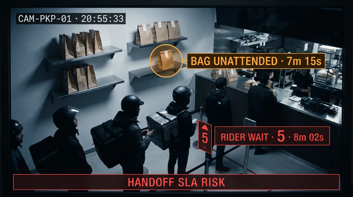 Aggregator pickup handoff monitoring in cloud kitchen with rider wait, unattended bag, and dispatch delay alerts