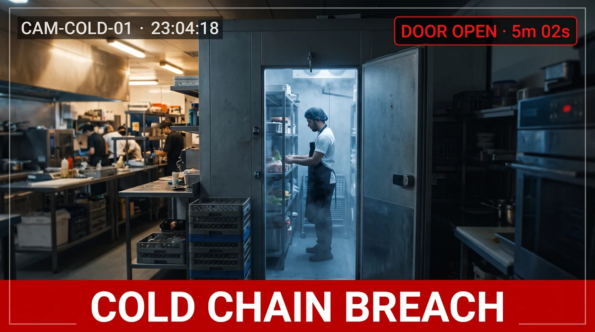 Cold storage ingredient compliance monitoring in cloud kitchen with door-discipline and handling-window alerts