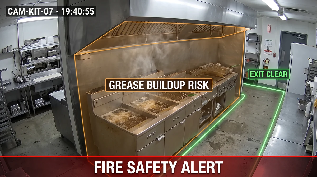 Fire and grease exhaust safety monitoring on cloud kitchen hot line with high-risk smoke and extraction alerts