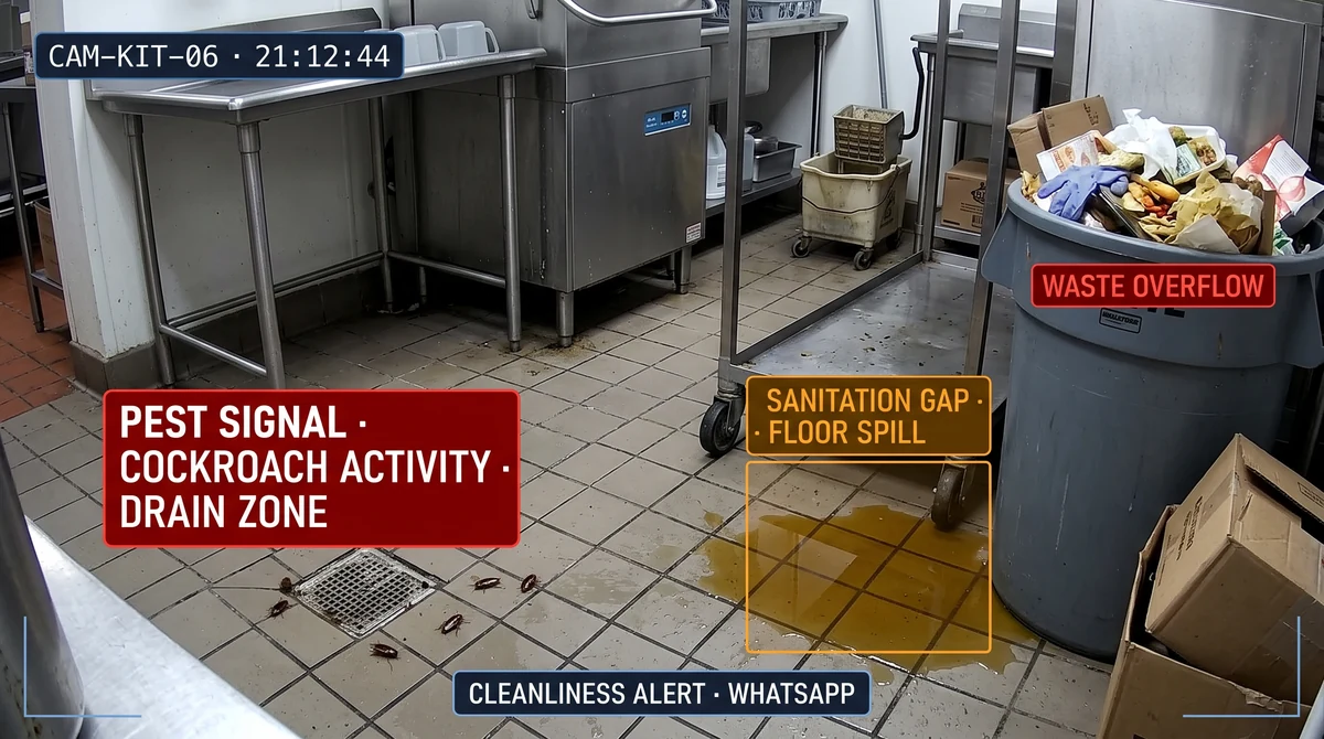 Cloud kitchen cleanliness and sanitation monitoring highlighting cockroach activity, grease buildup, and unmanaged waste risk