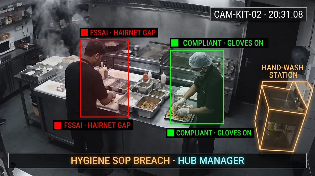 Cloud kitchen hygiene and FSSAI compliance monitoring with real-time SOP alert overlays on prep-line CCTV
