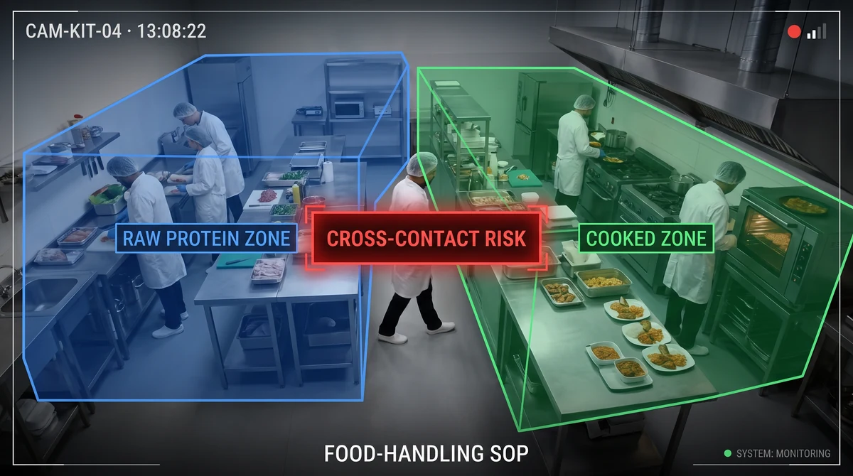 Cloud kitchen food-handling SOP monitoring with prep sequence deviation alerts on shared kitchen lines