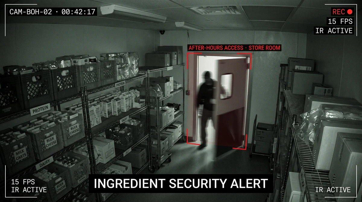 Cloud kitchen ingredient security and loss prevention monitoring with restricted-zone movement alerts