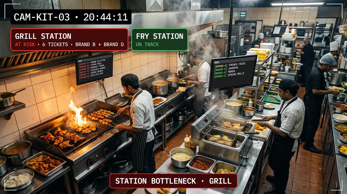 Multi-brand cloud kitchen KOT station throughput dashboard showing prep-line bottlenecks and station load imbalance