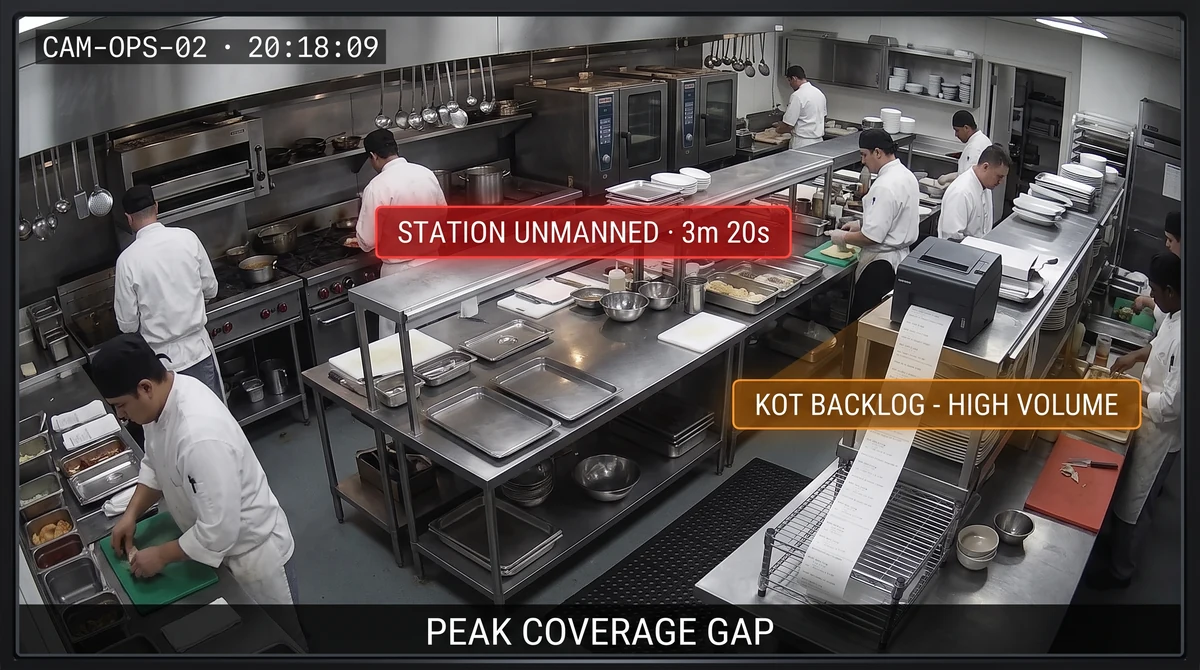 Cloud kitchen staff presence and hub coverage analytics across prep, dispatch, and safety-critical zones