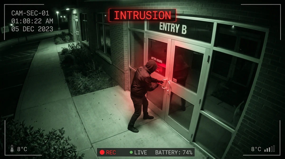 After-hours branch security monitoring with intrusion alerts at entry and restricted zones