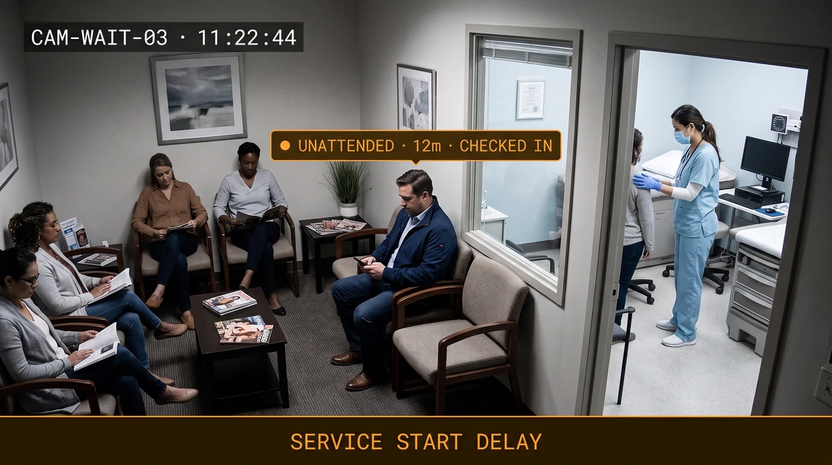 Customer unattended and service delay alerts panel showing waiting-zone exceptions in branches