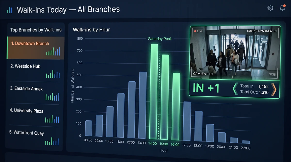 Walk-in and footfall analytics dashboard for consumer services branches with peak-hour trend visibility