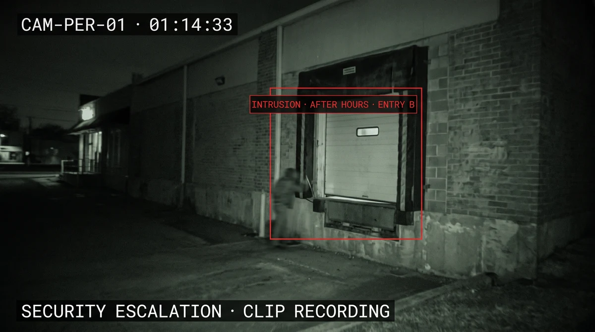 After-hours intrusion security alert from dark store perimeter and internal restricted zones