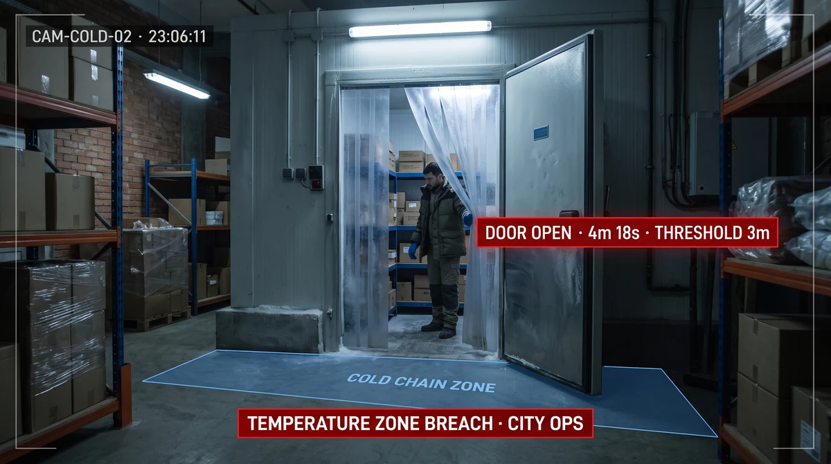 Cold-chain temperature zone compliance monitoring with restricted area and door discipline alerts in a dark store