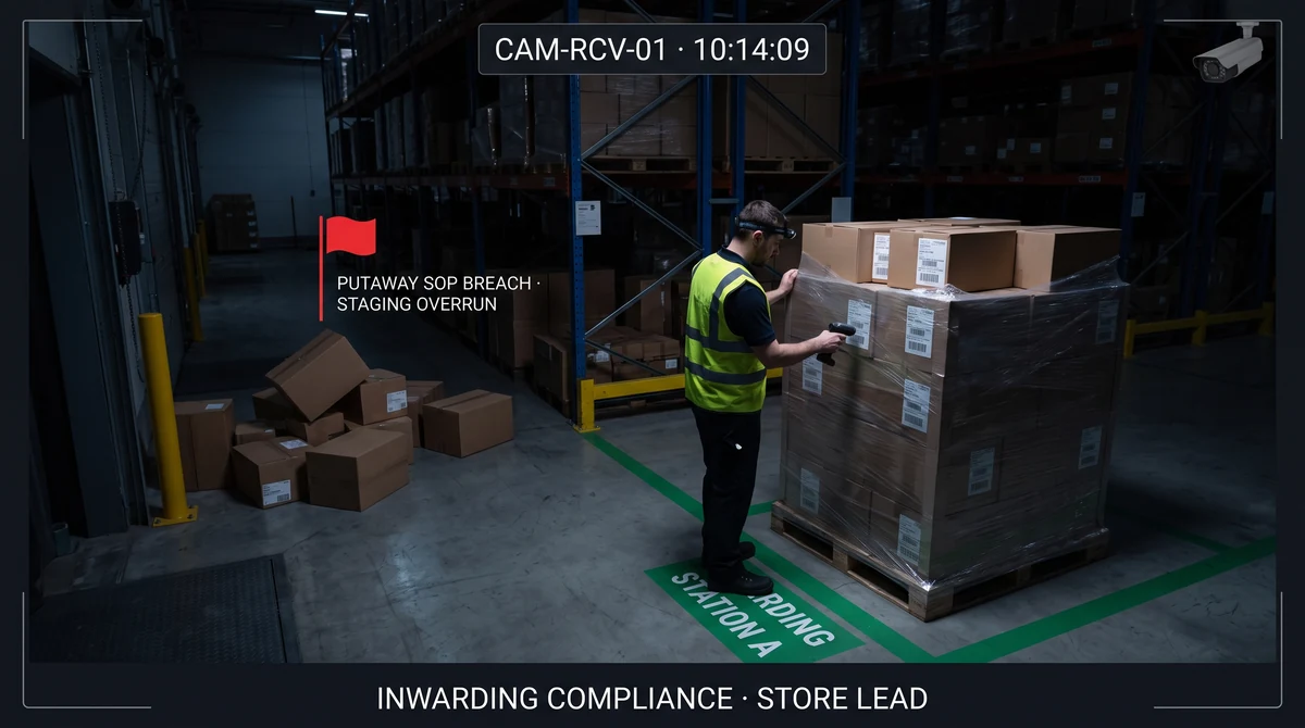 Inwarding and putaway compliance dashboard showing receiving-to-rack SOP adherence in dark store operations