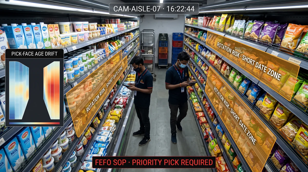 Shelf-life FEFO rotation monitoring view for dark store inventory lanes with expiry-risk highlight