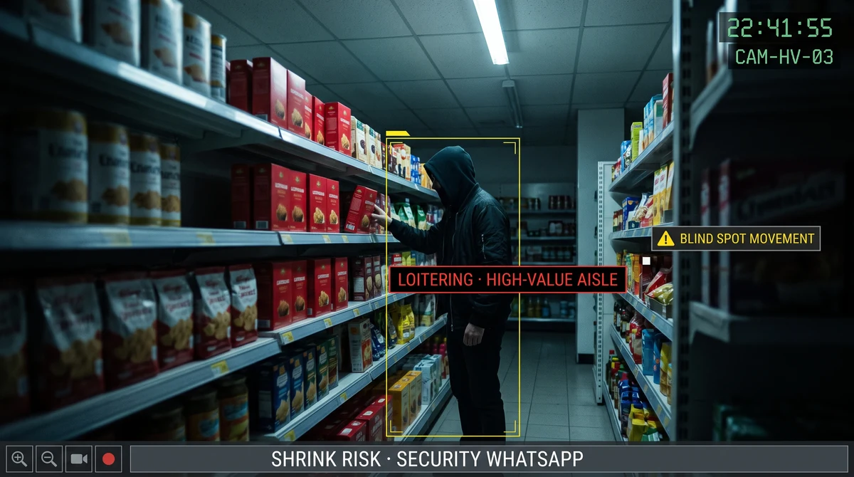Shrinkage loss prevention monitoring in dark store showing suspicious stock movement and restricted zone event alerts