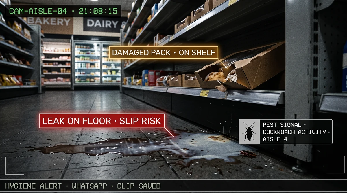 Dark store hygiene monitoring showing pest and cockroach risk indicators plus spoiled product on shelf alerts