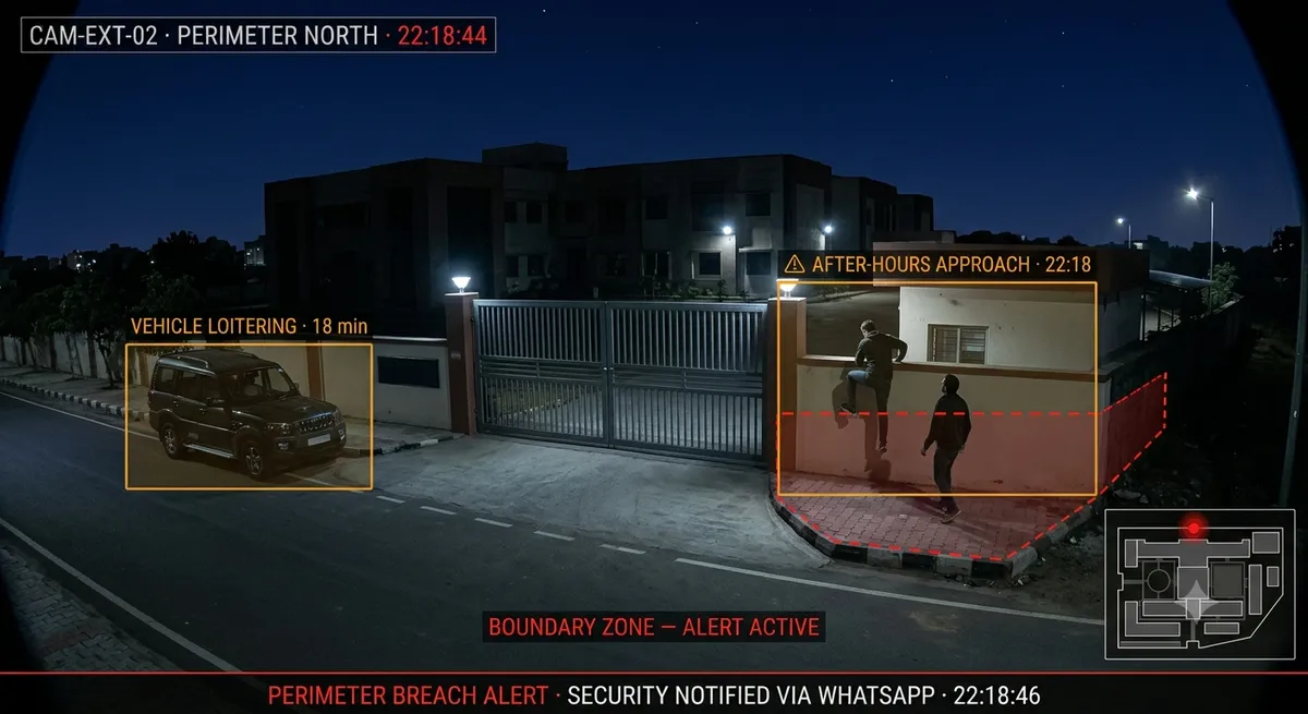 After-hours perimeter security — AI detecting unauthorized approach at school gate at night with WhatsApp alert