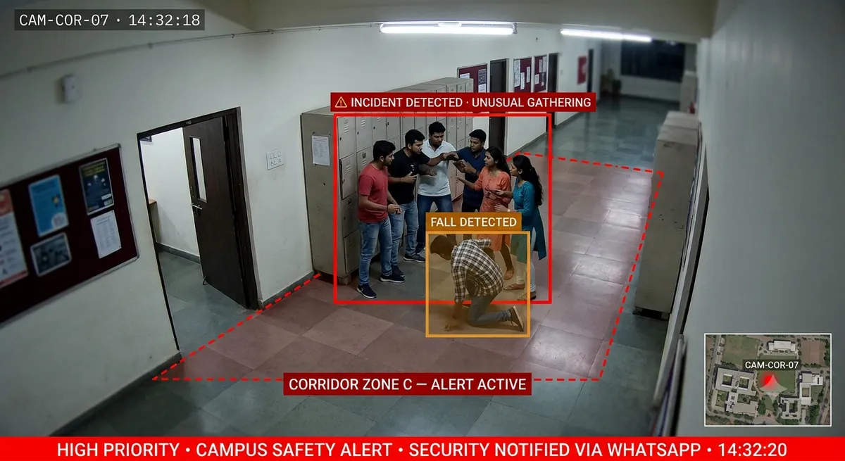 Campus safety incident detection — AI flagging unusual gathering in school corridor with real-time WhatsApp alert