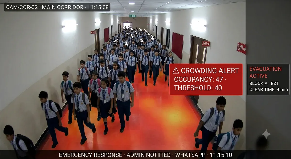 Corridor crowding detection during campus emergency — occupancy exceeding safe threshold with evacuation alert