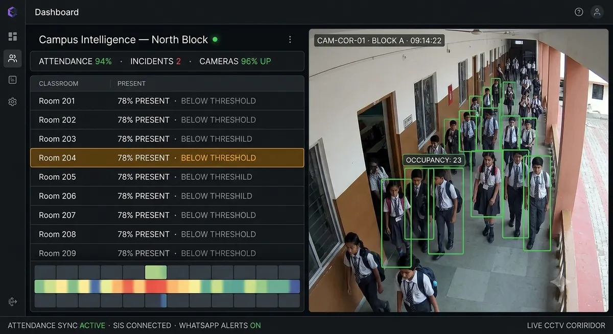 Education video analytics dashboard showing multi-campus attendance, safety alerts and exam integrity monitoring on existing CCTV