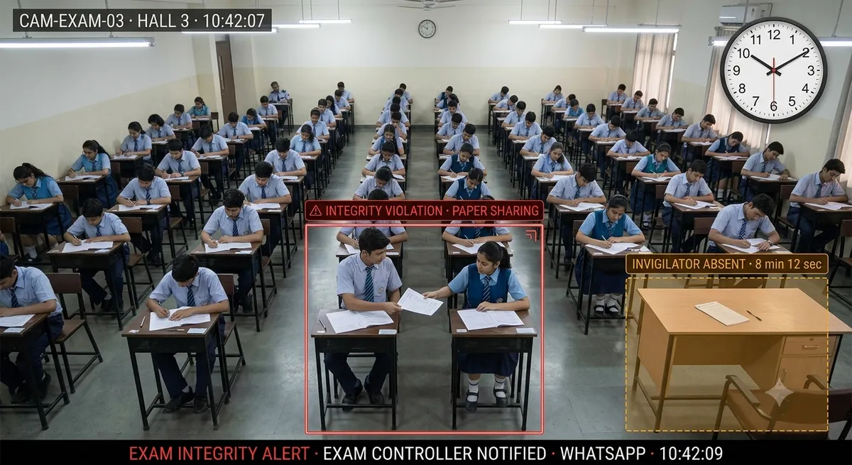 Exam integrity monitoring — AI detecting paper-sharing gesture in exam hall with invigilator absence alert