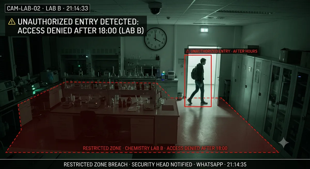 Restricted zone alert — unauthorized after-hours entry detected at school chemistry lab
