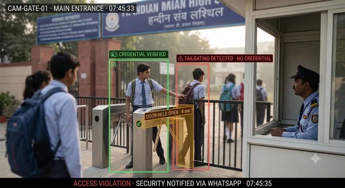 Unauthorized access and tailgating detection at school gate — one credential two people flagged by AI