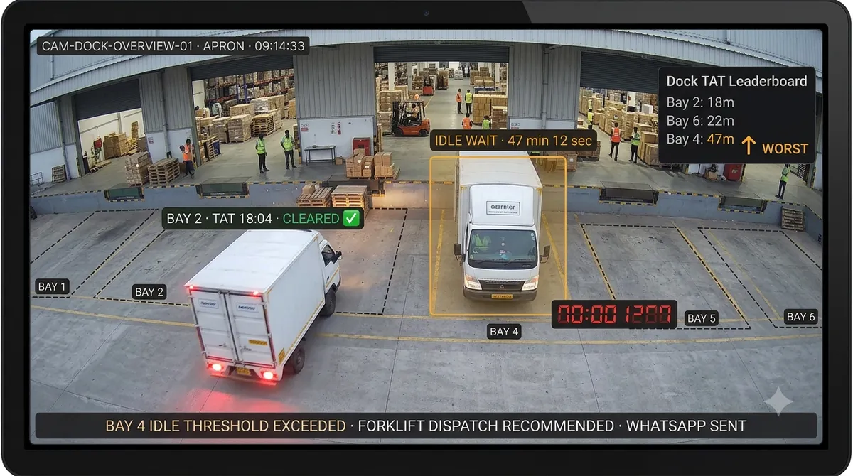 Dock and truck TAT analytics — AI tracking per-bay turnaround time with idle wait alerts on warehouse loading dock CCTV