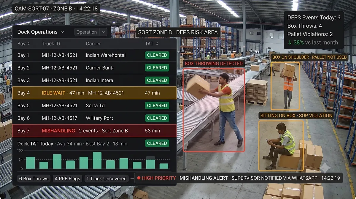 Package handling and DEPS reduction — AI detecting box throwing and improper carton handling in warehouse sort zone with real-time alert overlay