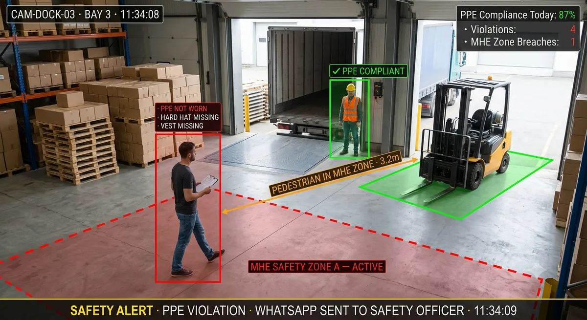 PPE and safety compliance monitoring — AI detecting missing hard hat and safety vest on warehouse dock with real-time alert overlay on CCTV footage