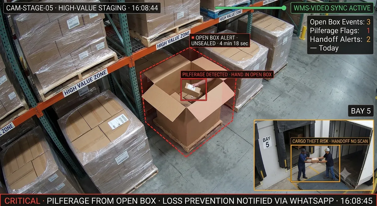Theft and pilferage monitoring — AI detecting pilferage from open box and cargo theft at dock handoff with real-time alert on warehouse staging CCTV