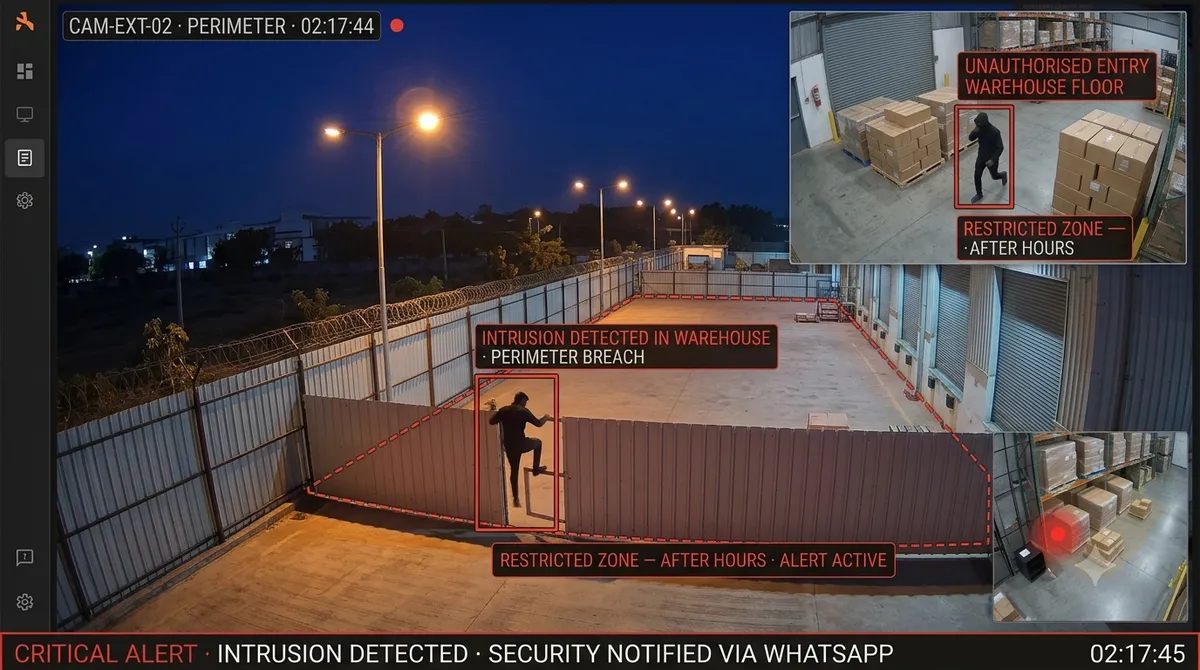 Warehouse intrusion detection — AI identifying after-hours perimeter breach and unauthorised entry in warehouse restricted zone with real-time alert