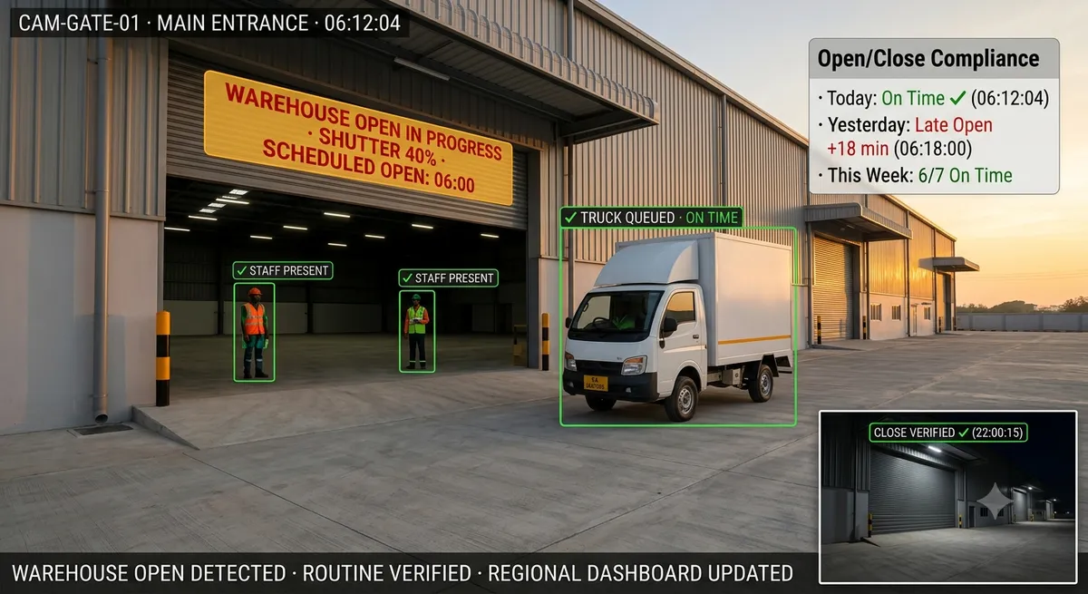 Warehouse open close compliance — AI verifying on-time warehouse opening with shutter status and staff presence detection on exterior CCTV