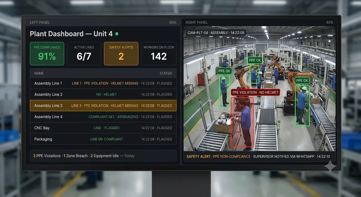 Manufacturing video analytics dashboard showing PPE compliance, production line status, safety zones and equipment monitoring on existing factory CCTV