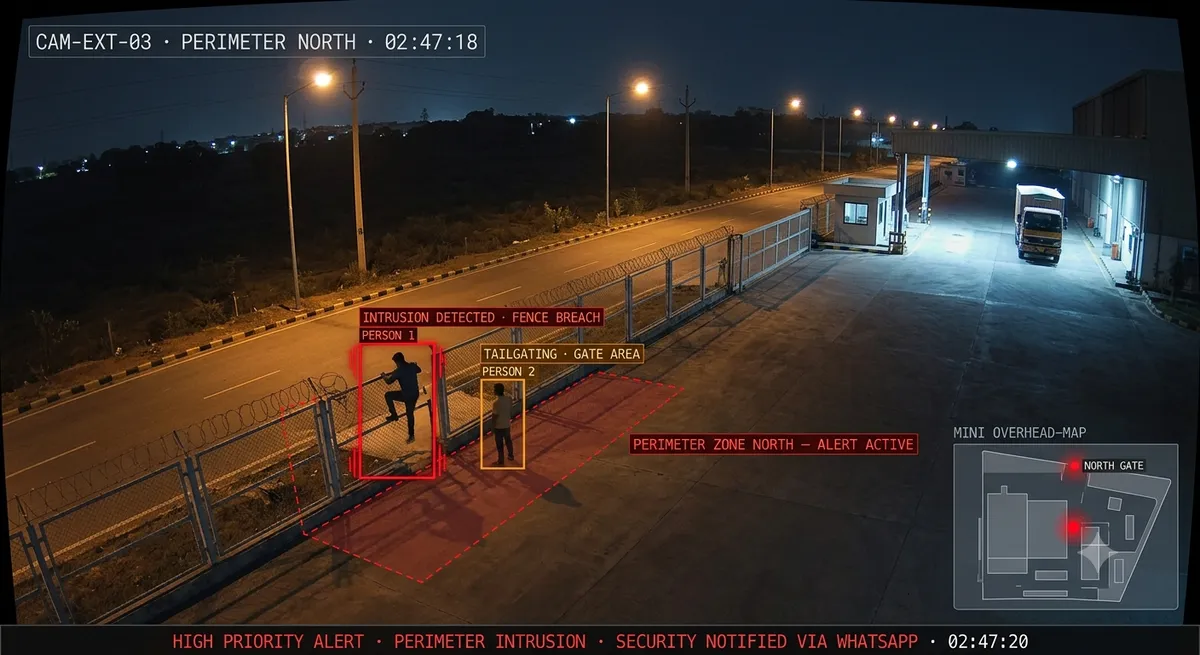 Perimeter and intrusion detection at manufacturing plant — unauthorised entry at north gate with loitering alert overlay