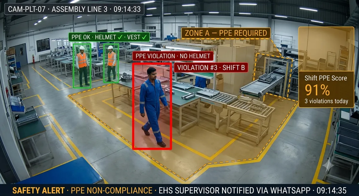 PPE compliance monitoring on factory floor — AI detecting worker without safety helmet with real-time violation alert overlay
