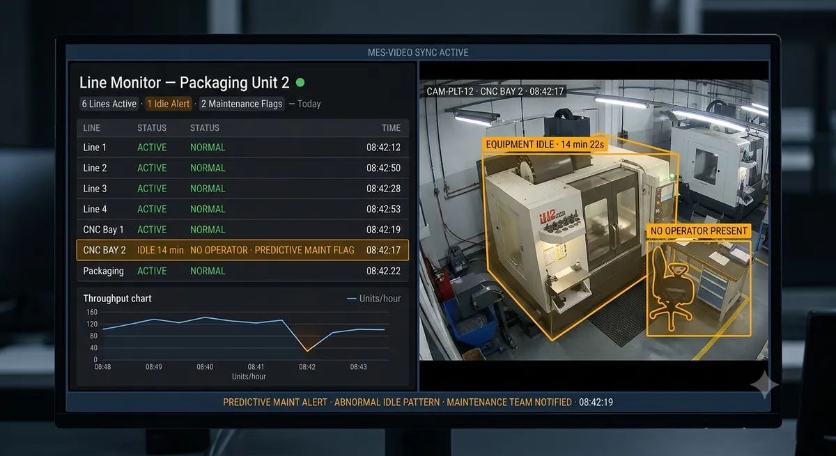 Production line and equipment monitoring — AI dashboard showing line throughput, equipment idle state and predictive maintenance alert