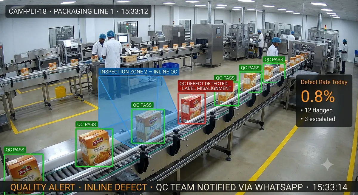 Quality control automation — AI detecting product defect on manufacturing conveyor line with flagged inspection alert
