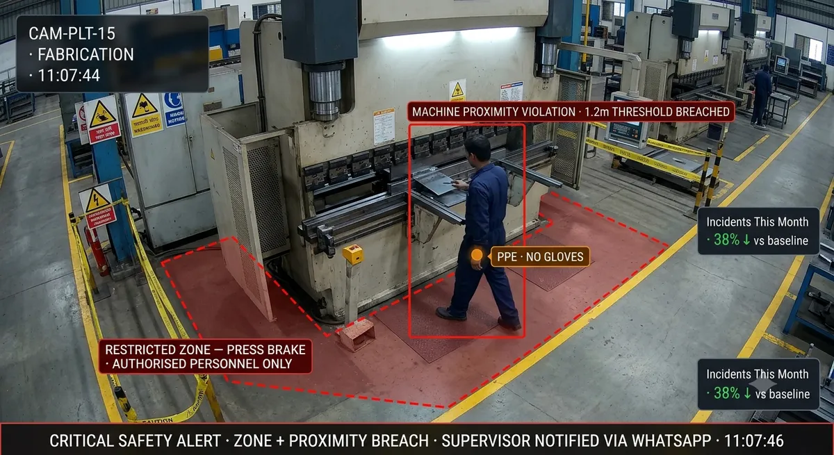 Safety zone and machine proximity violation — worker entering restricted area near industrial press with real-time alert overlay