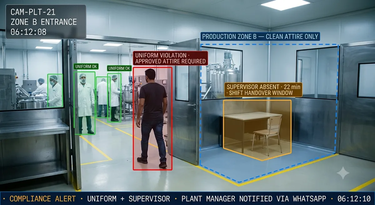 Uniform detection and supervisor presence monitoring — worker with incorrect uniform flagged and supervisor absence alert on factory floor