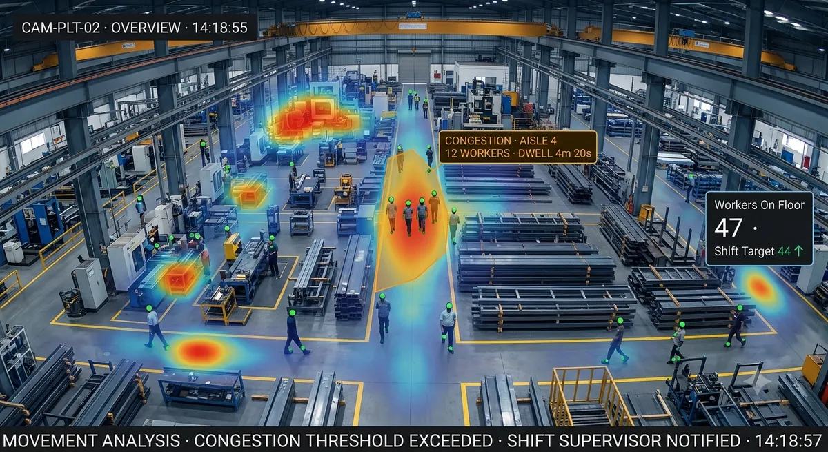 Worker movement analysis heatmap on factory floor showing traffic flow, congestion zones and real-time headcount
