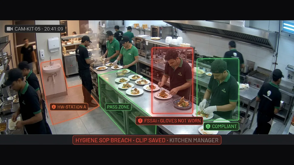 Kitchen hygiene and FSSAI compliance monitoring detecting glove non-compliance with real-time alert on restaurant kitchen CCTV
