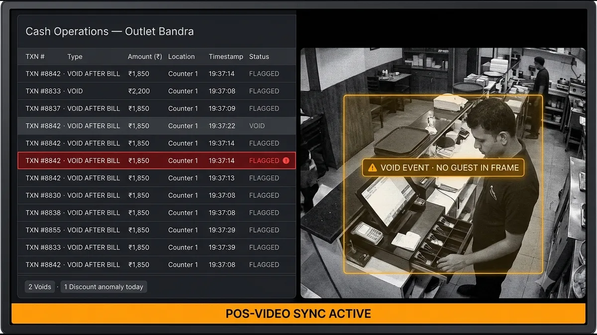 POS-integrated billing anomaly detection correlating restaurant counter CCTV with void transaction and cash drawer events