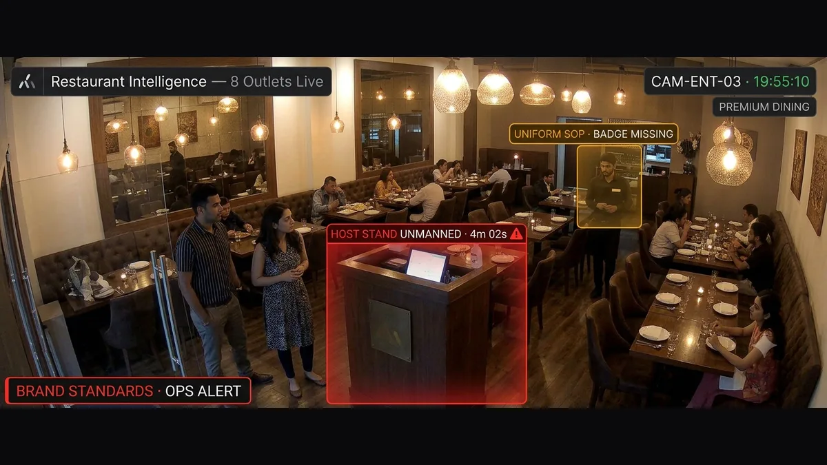 Staff presence and uniform grooming compliance alert at unmanned restaurant host stand on dining floor CCTV