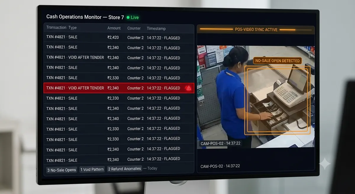 AI cash operations monitoring — POS transaction correlated with video clip showing no-sale register open flagged in real time