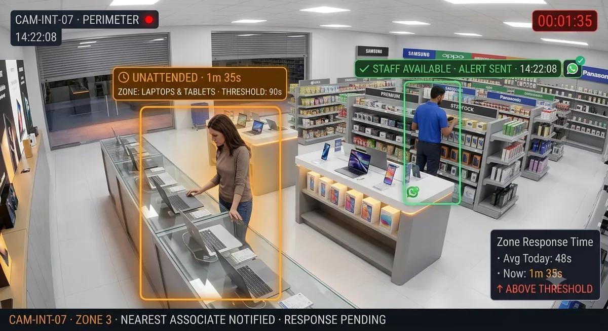 AI customer unattended detection — retail store zone showing customer waiting 95 seconds without staff engagement, triggering alert to nearest associate
