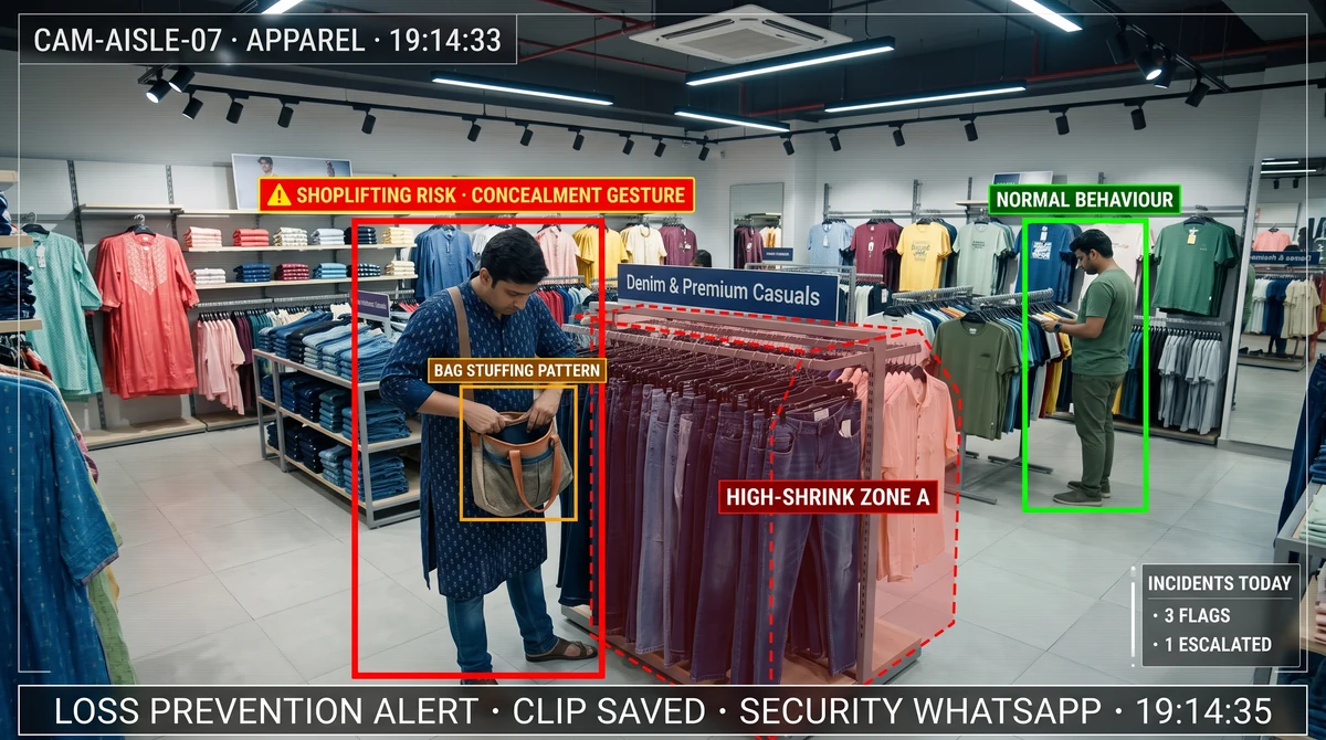 AI-powered retail loss prevention and shoplifting detection — real-time suspicious behaviour alert with video clip evidence from existing CCTV