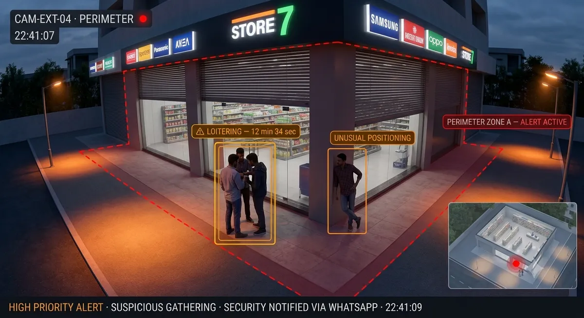 AI suspicious activity detection outside retail store — perimeter camera identifying loitering and unusual gathering near entrance with real-time alert overlay