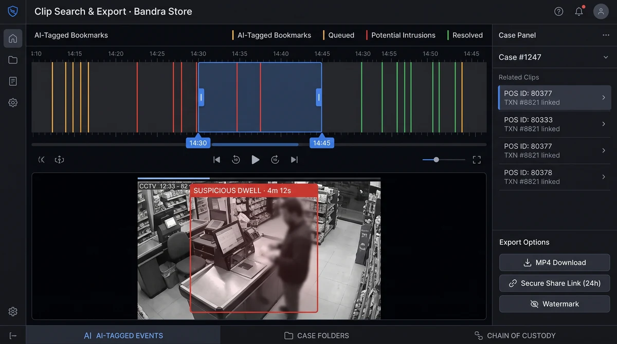 Clip export workflow with event markers on timeline and share link dialog