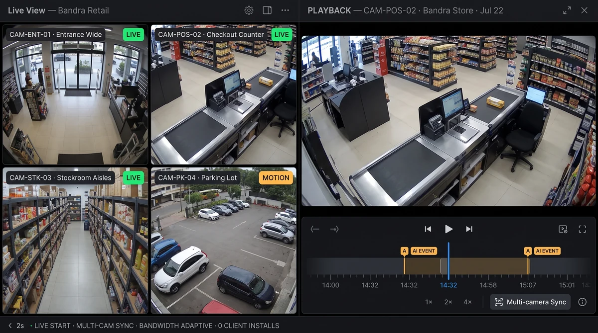 Live camera grid and synchronized playback timeline on laptop and mobile