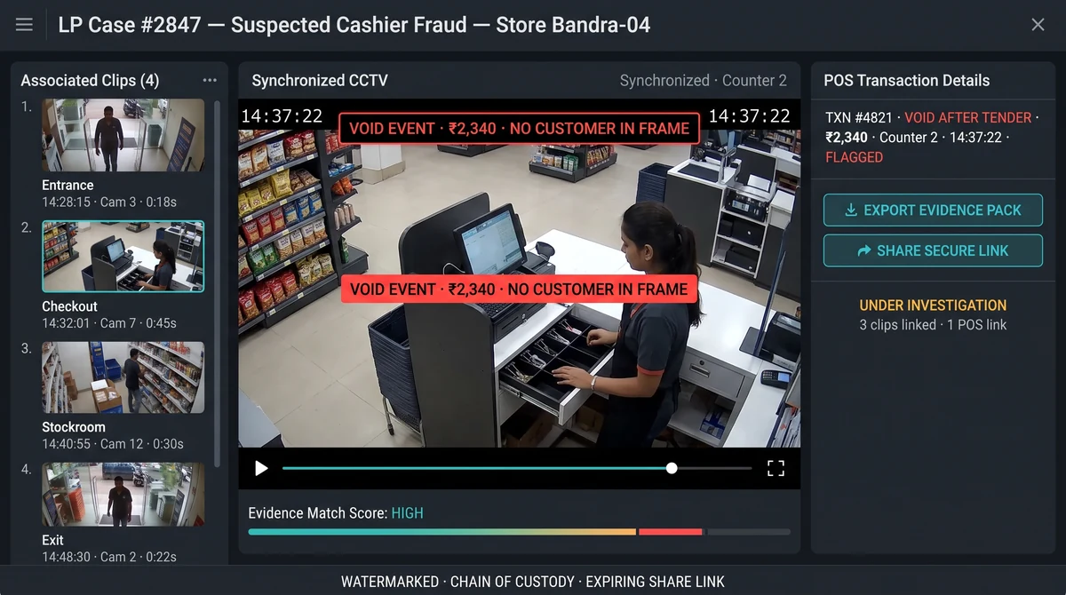 Loss prevention case view with linked POS void event and exported video clip with watermark