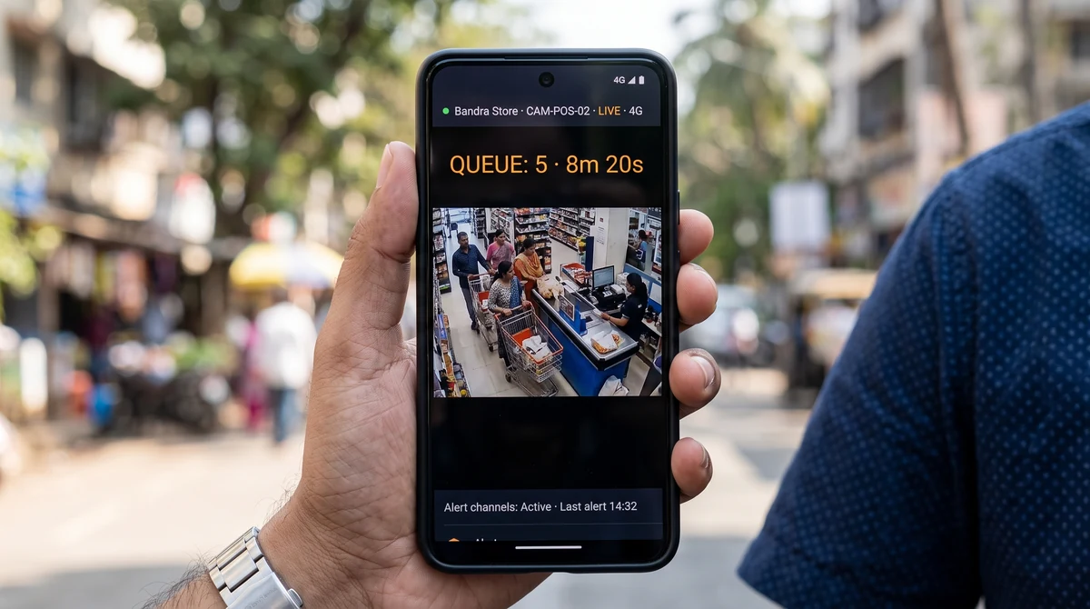 Mobile live view of store checkout queue from operations manager phone on 4G field visit